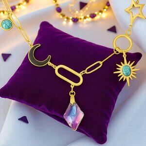 🆕 Boho Celestial‎ Chic 18K Gold Plated Charm Necklace With Star Moon Sun Motifs